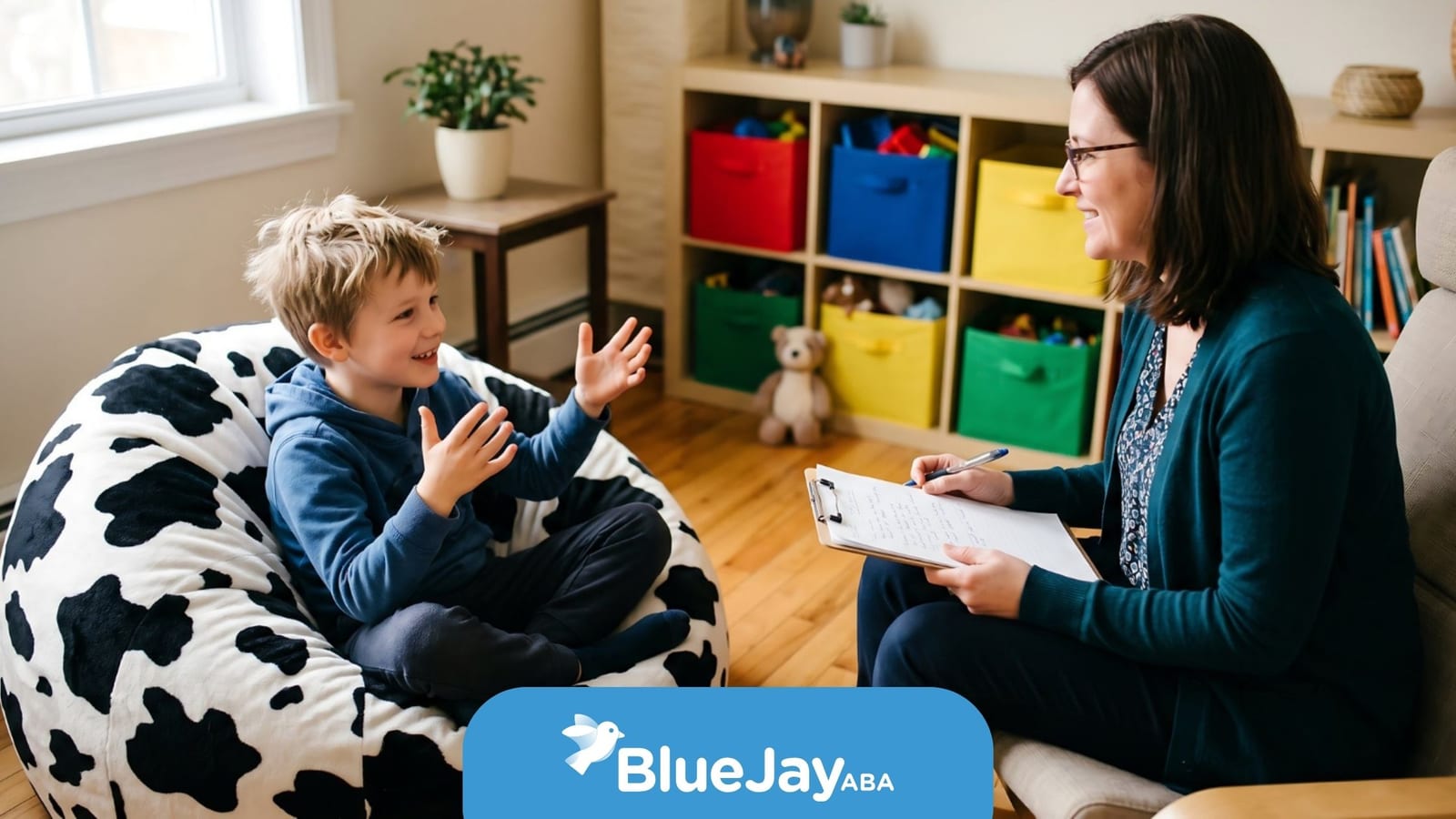 BCBA providing ABA therapy to a child with autism in a home setting.